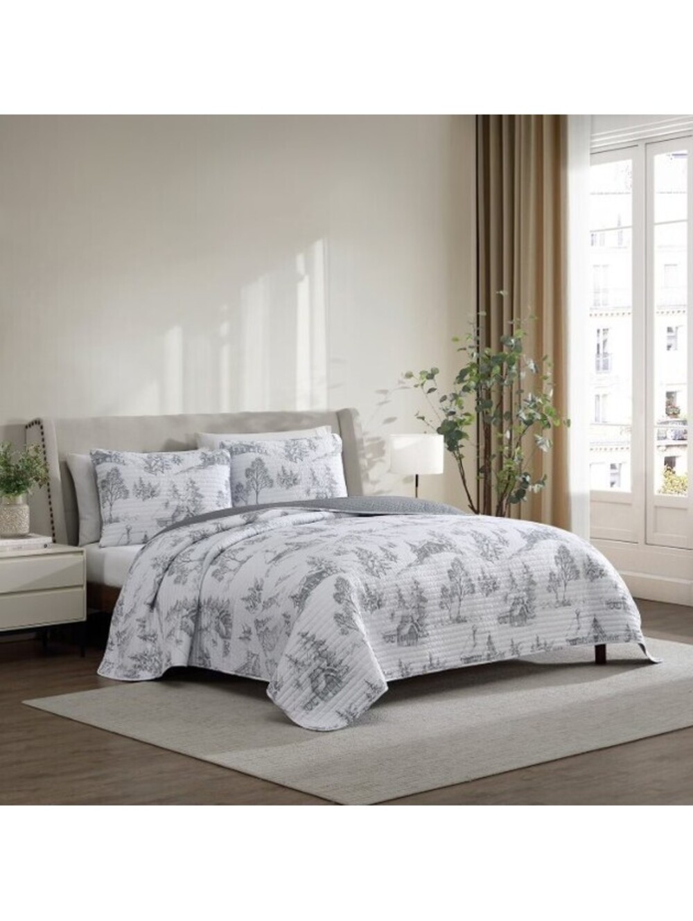 Lenox 3-Piece Quilt Set (Winter Scene Gray / White) KING SIZE
